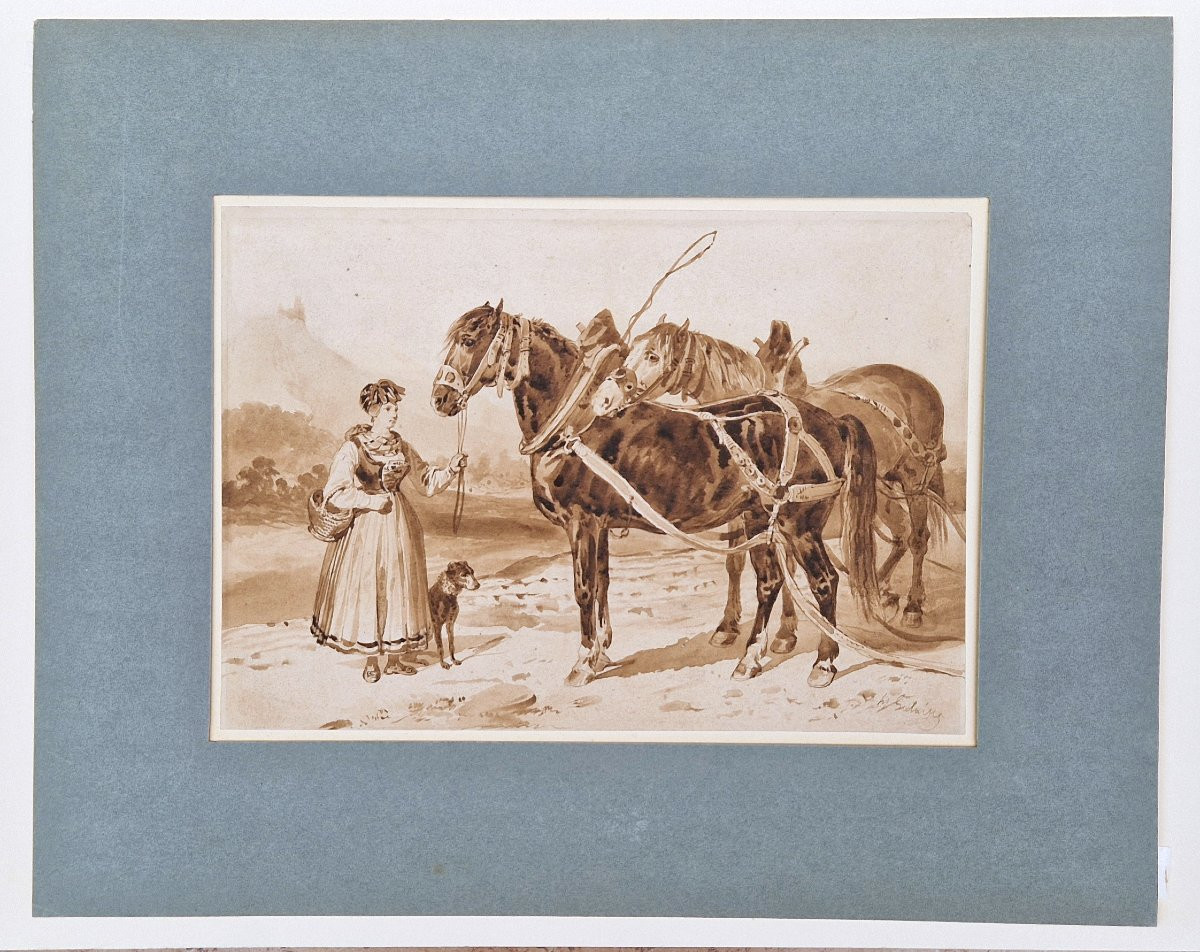 François Hippolyte Lalaisse 1810-1884 Horses In Harness Brown Wash Drawing-photo-1