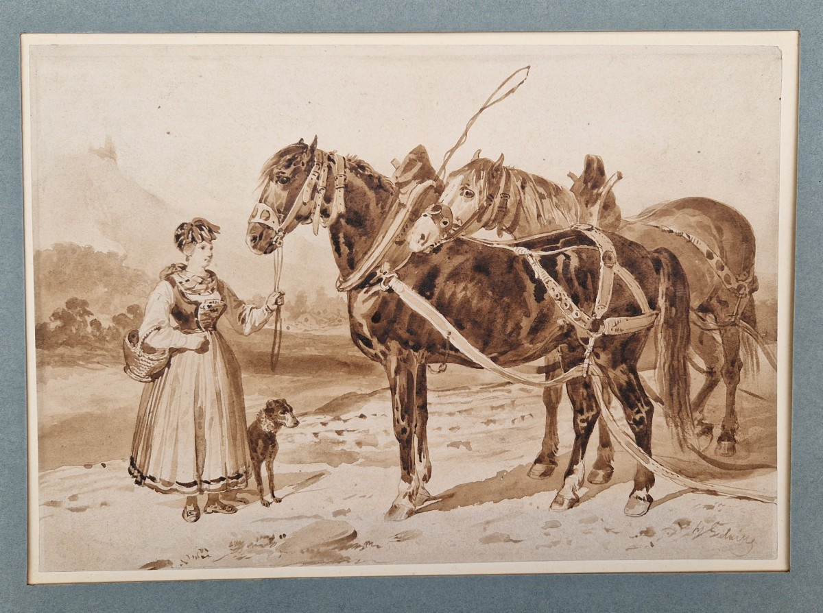 François Hippolyte Lalaisse 1810-1884 Horses In Harness Brown Wash Drawing