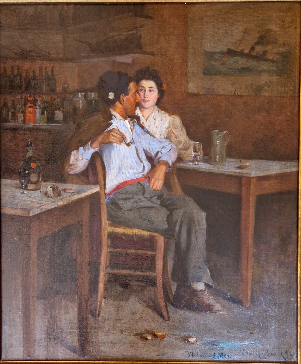 Edmond Picard 1861-1899 Dans un café à Villefranche sur mer Huile sur toile-photo-2