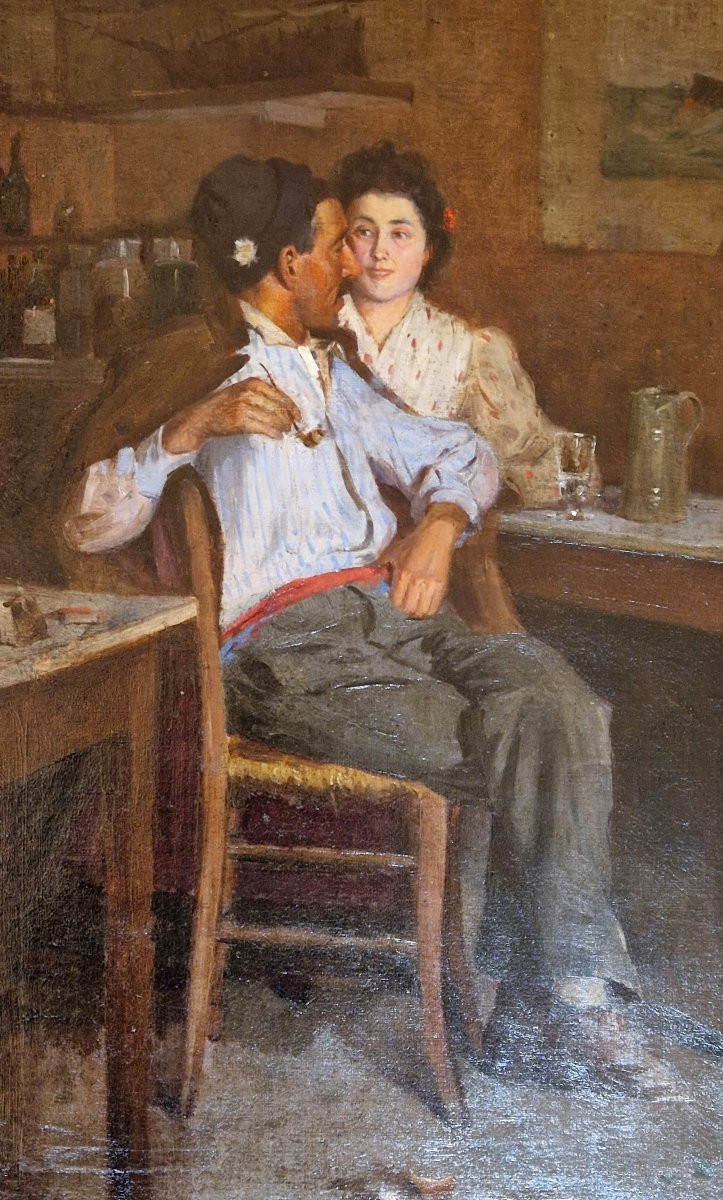 Edmond Picard 1861-1899 Dans un café à Villefranche sur mer Huile sur toile-photo-3