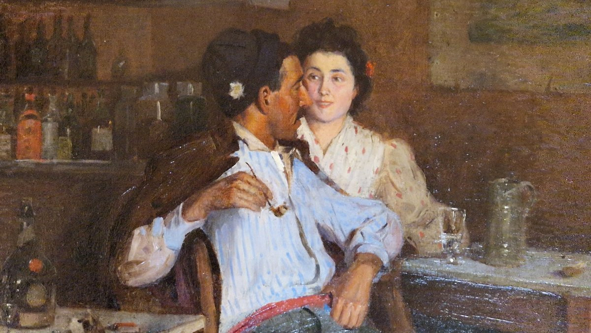 Edmond Picard 1861-1899 Dans un café à Villefranche sur mer Huile sur toile-photo-4