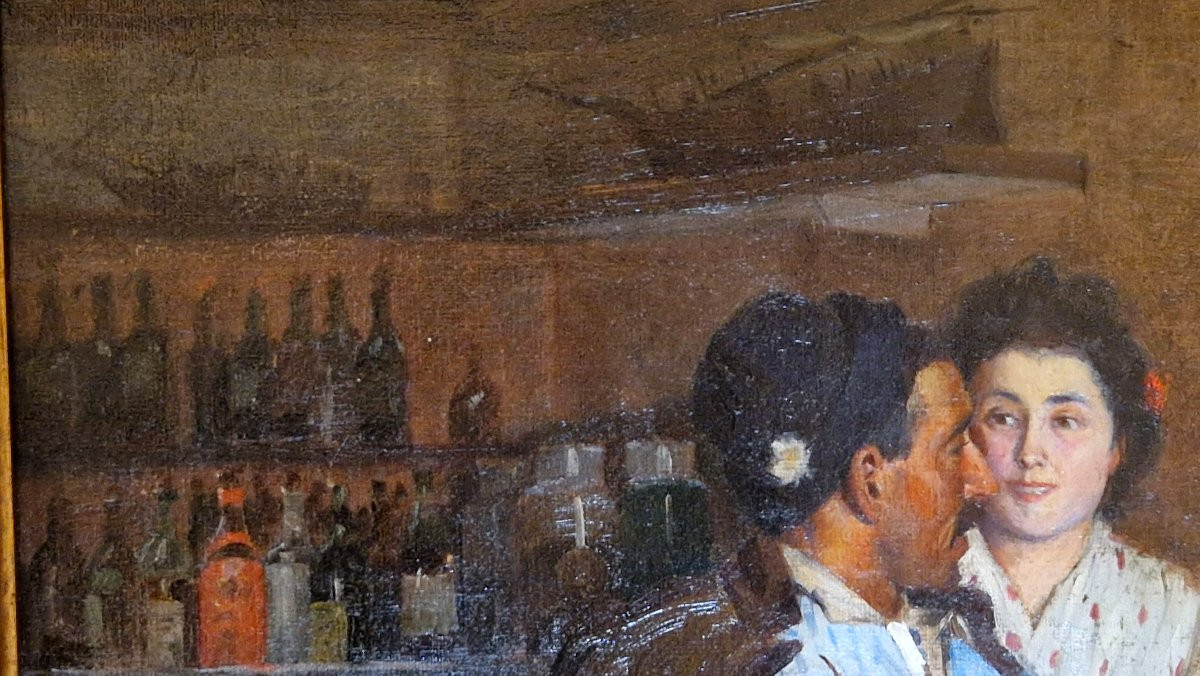 Edmond Picard 1861-1899 Dans un café à Villefranche sur mer Huile sur toile-photo-2