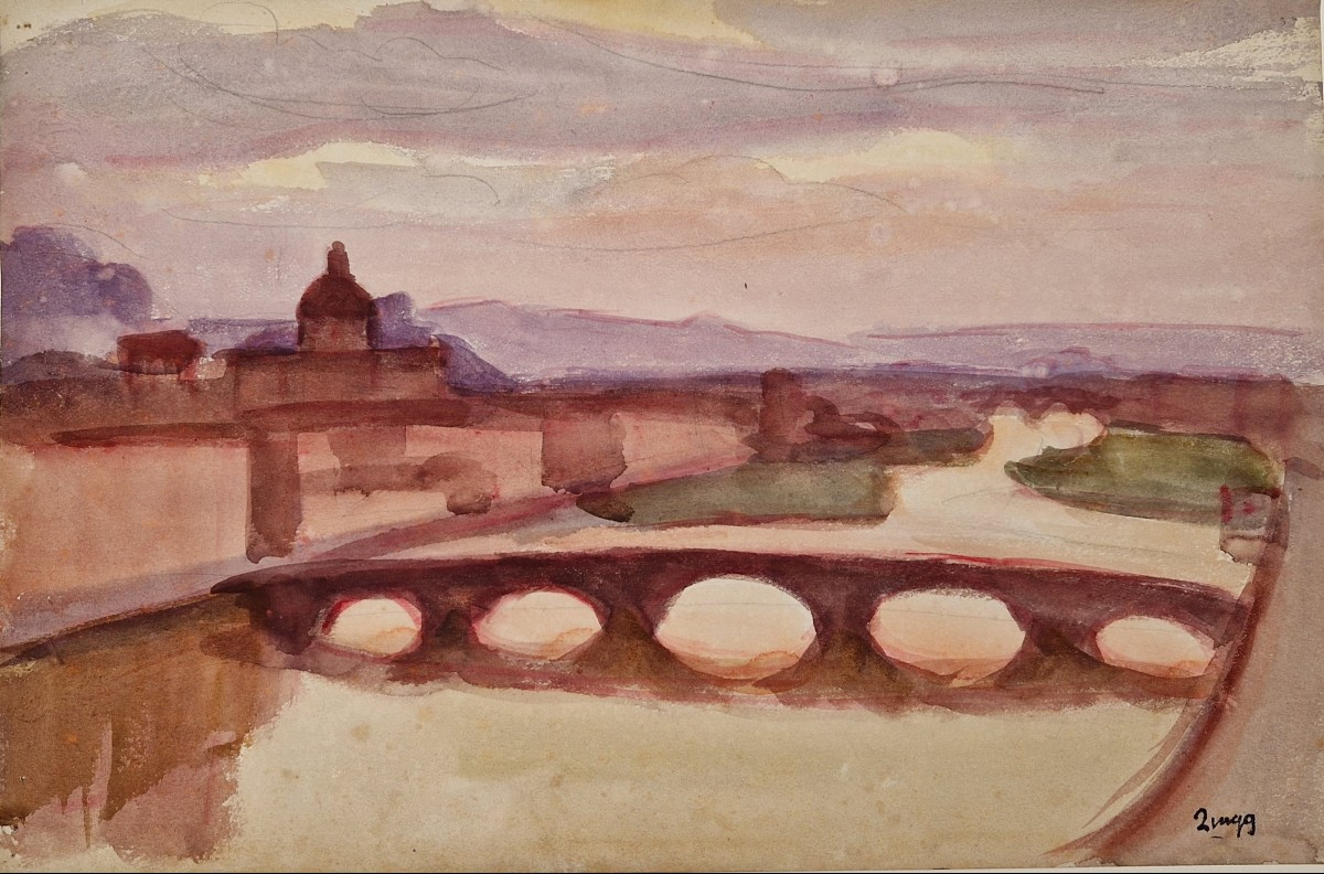 Jules Emile Zingg 1882-1942 Vue d'une ville Aquarelle