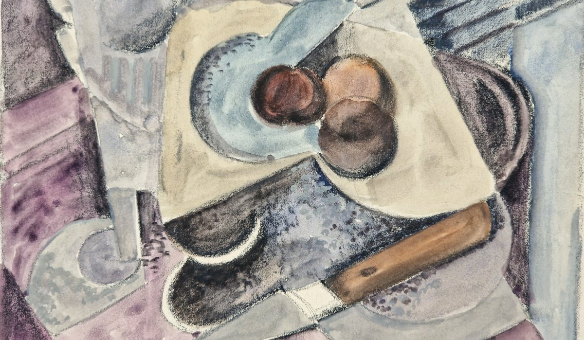 Albert Coste 1895-1985 Nature morte cubiste aux prunes et au couteau Aquarelle-photo-2
