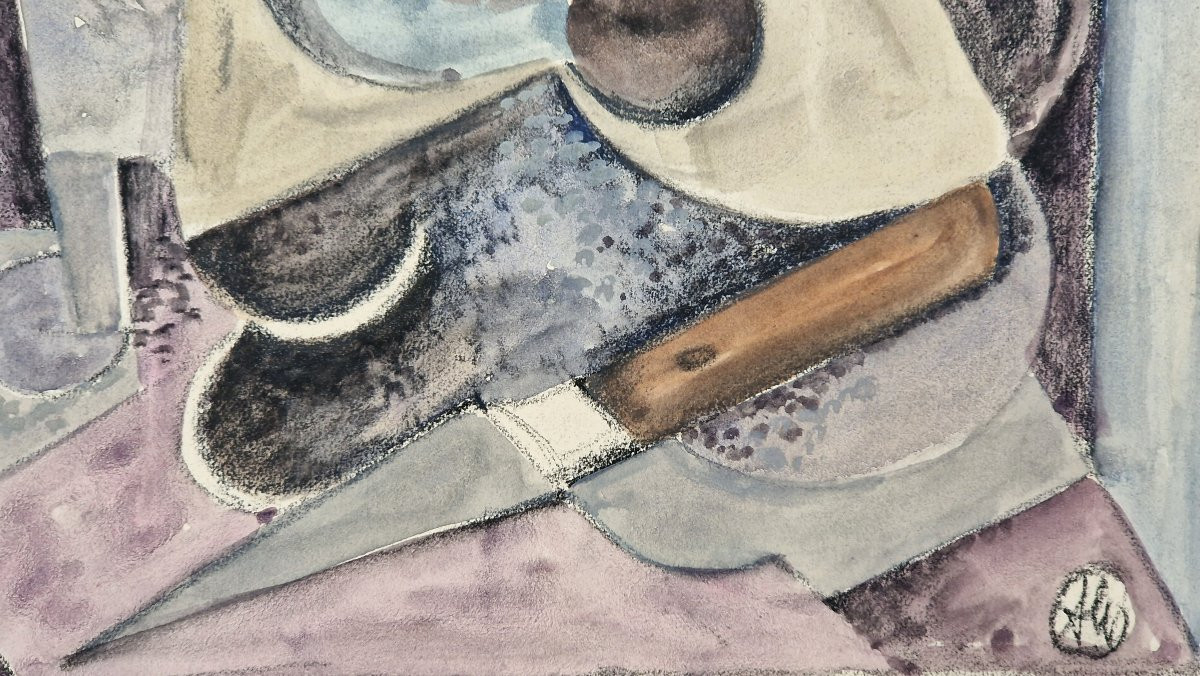 Albert Coste 1895-1985 Nature morte cubiste aux prunes et au couteau Aquarelle-photo-3