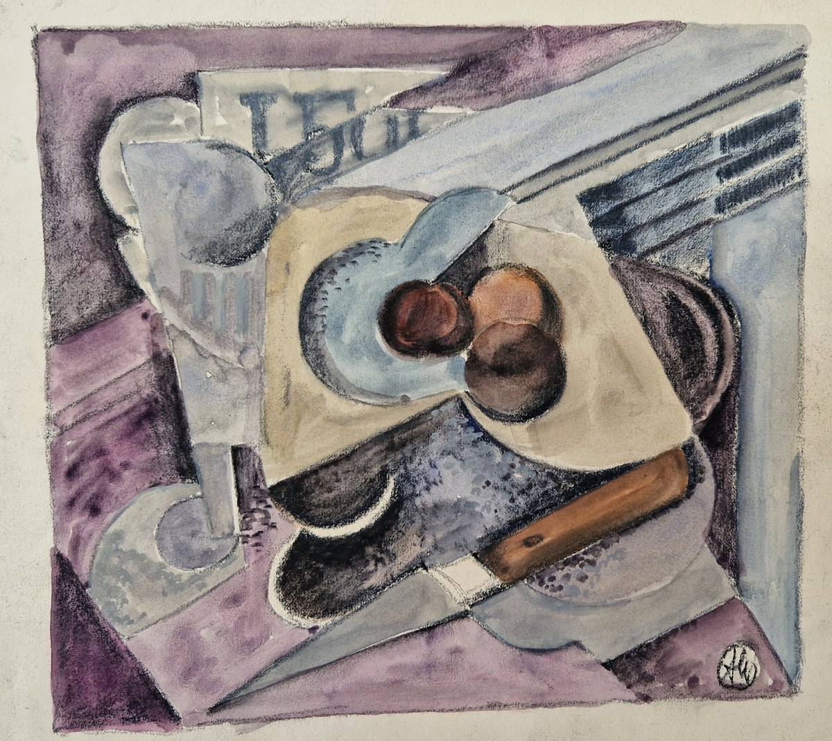 Albert Coste 1895-1985 Nature morte cubiste aux prunes et au couteau Aquarelle