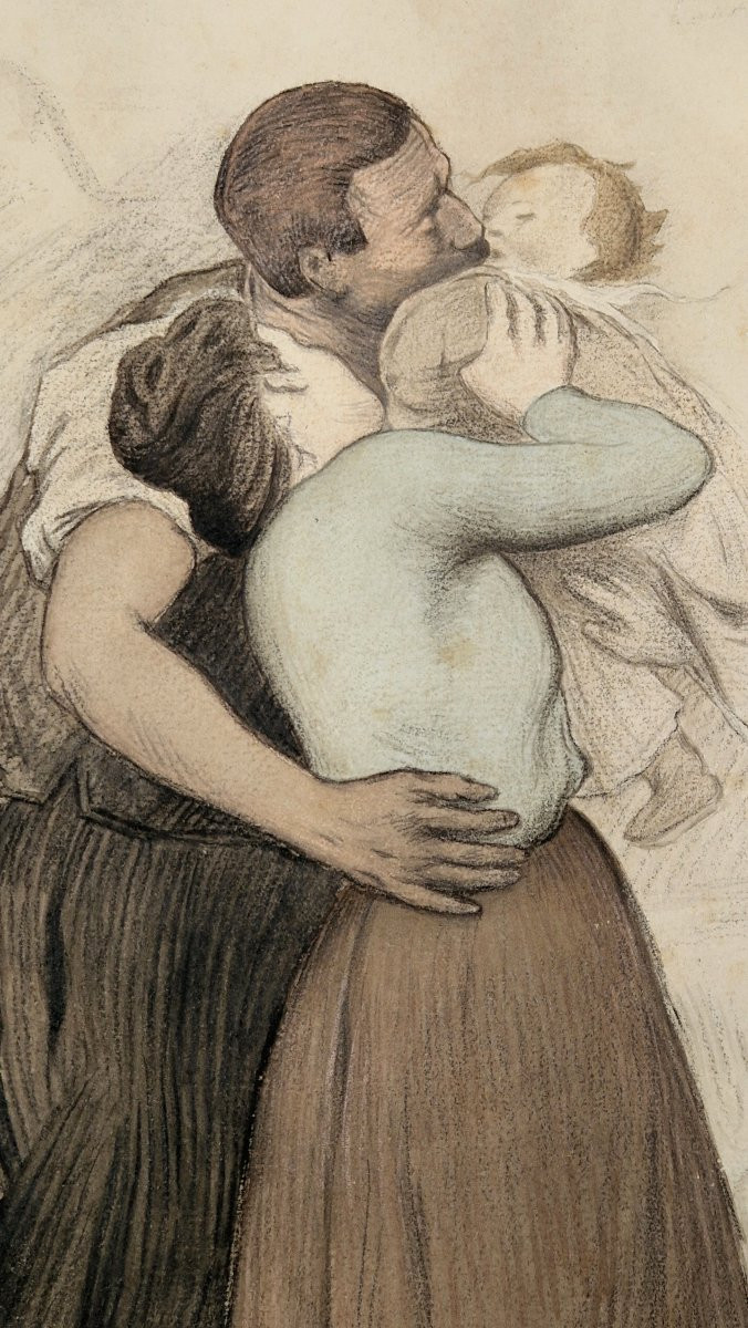 René Lelong 1871-1933 A United Family Watercolor -photo-3
