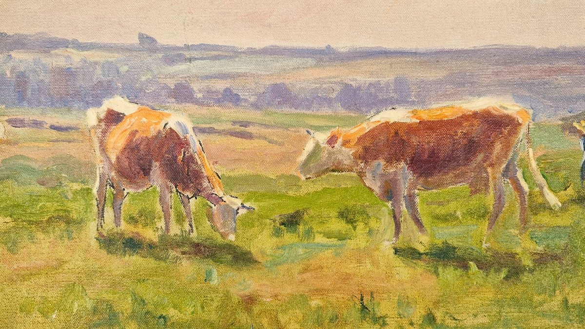 Charles Wislin 1852-1922 Carolles Cows And Their Herdsman Oil On Canvas-photo-2