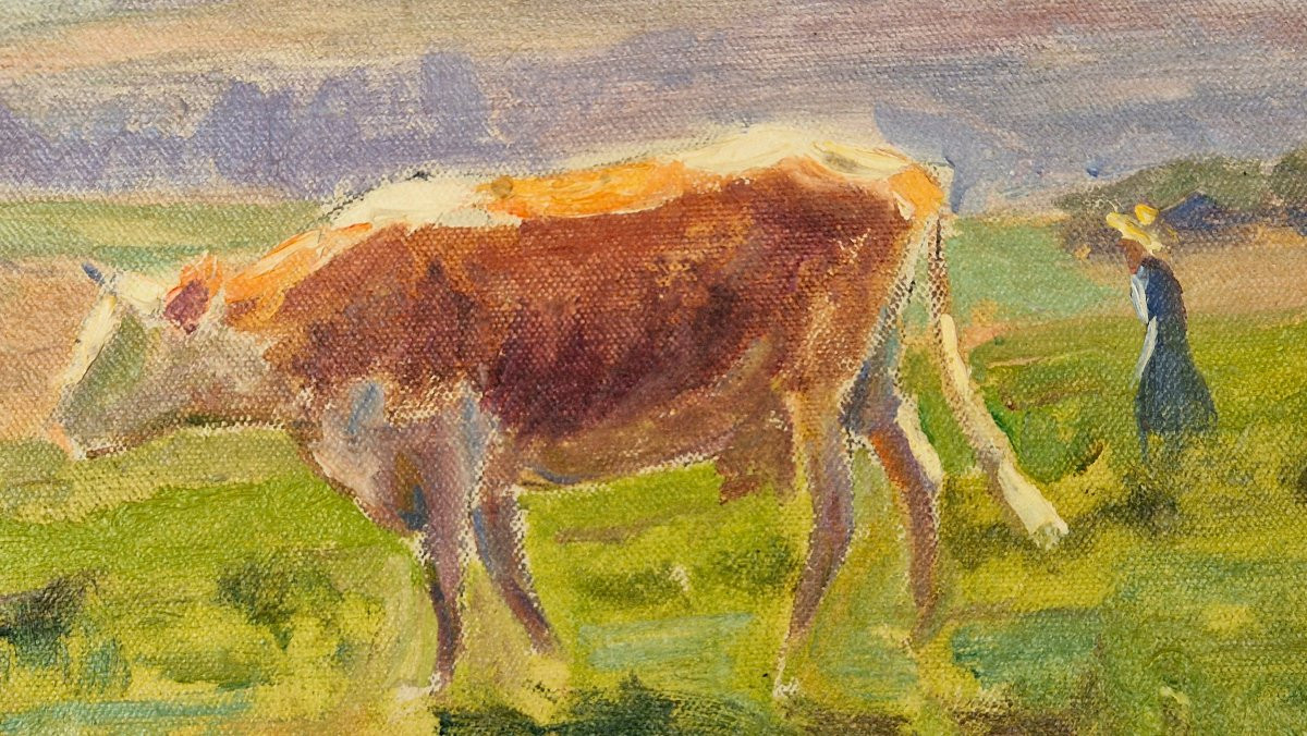 Charles Wislin 1852-1922 Carolles Cows And Their Herdsman Oil On Canvas-photo-3