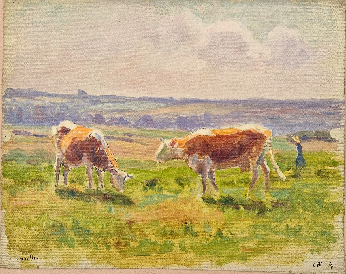 Charles Wislin 1852-1922 Carolles Cows And Their Herdsman Oil On Canvas