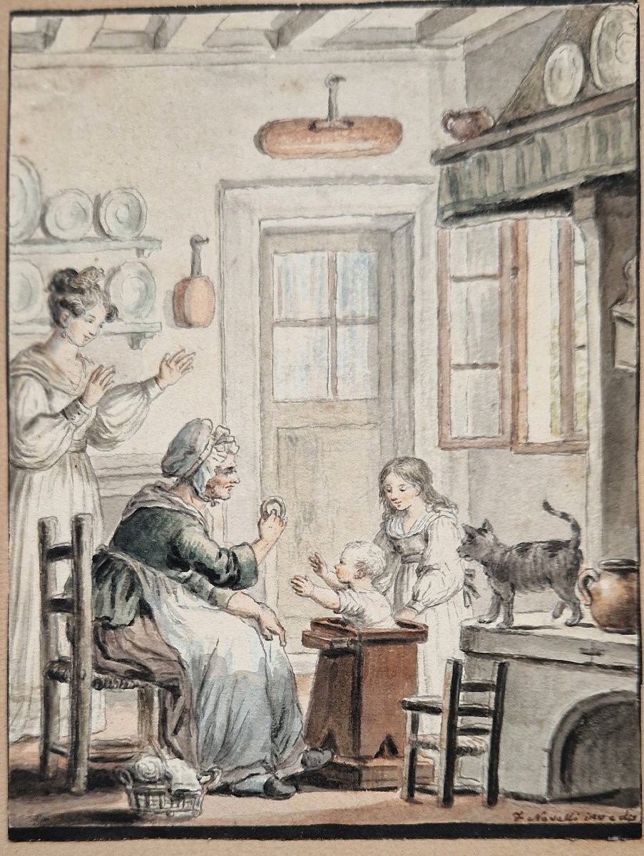 Francesco Novelli 1764-1836 Deux scènes familiales Aquarelles-photo-2