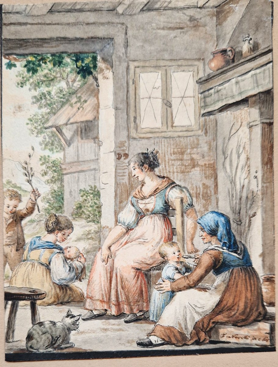Francesco Novelli 1764-1836 Deux scènes familiales Aquarelles-photo-3