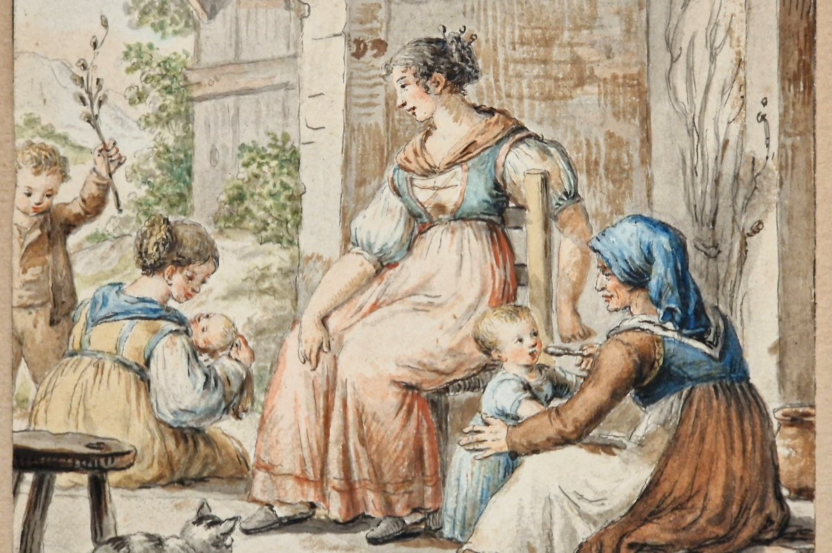 Francesco Novelli 1764-1836 Deux scènes familiales Aquarelles-photo-1