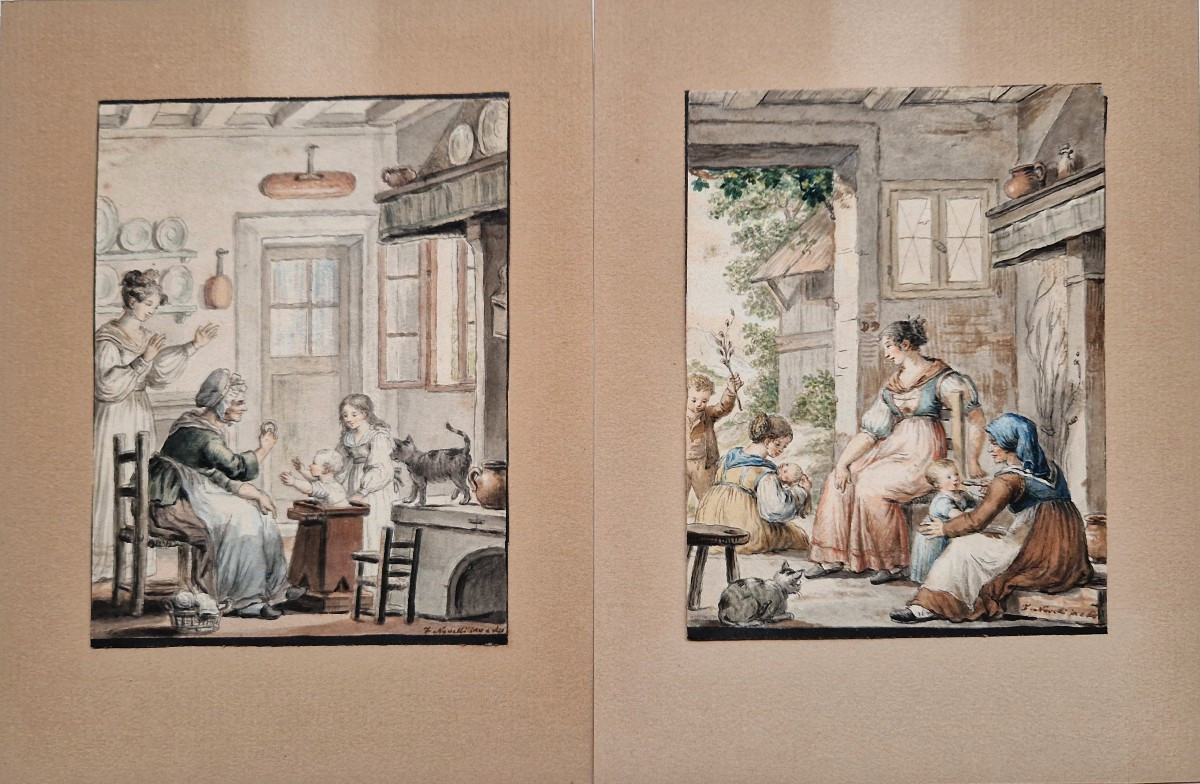 Francesco Novelli 1764-1836 Deux scènes familiales Aquarelles