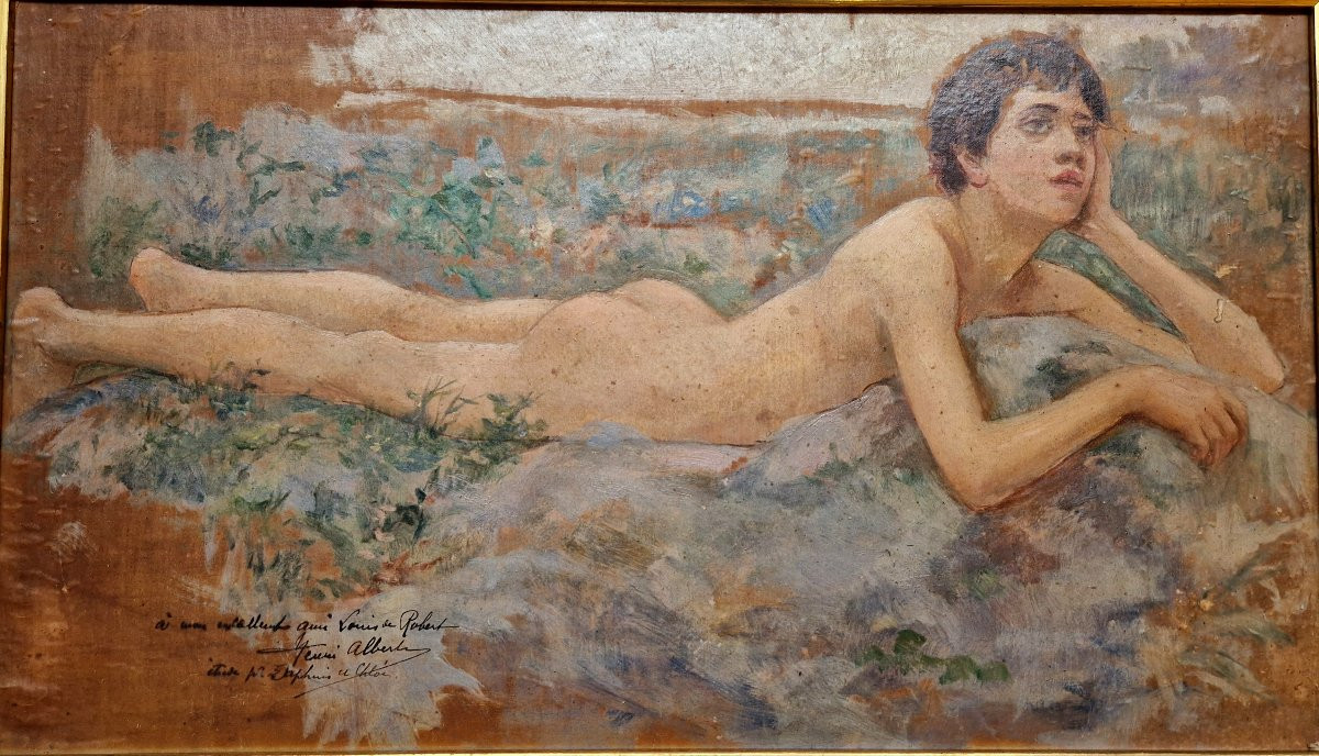Henri Alberti 1868-1935 Jeune homme rêvant Huile sur papier collée sur chromolithographie-photo-2