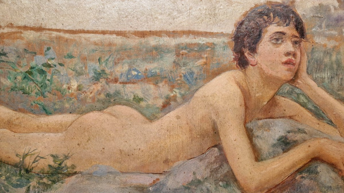 Henri Alberti 1868-1935 Jeune homme rêvant Huile sur papier collée sur chromolithographie-photo-3