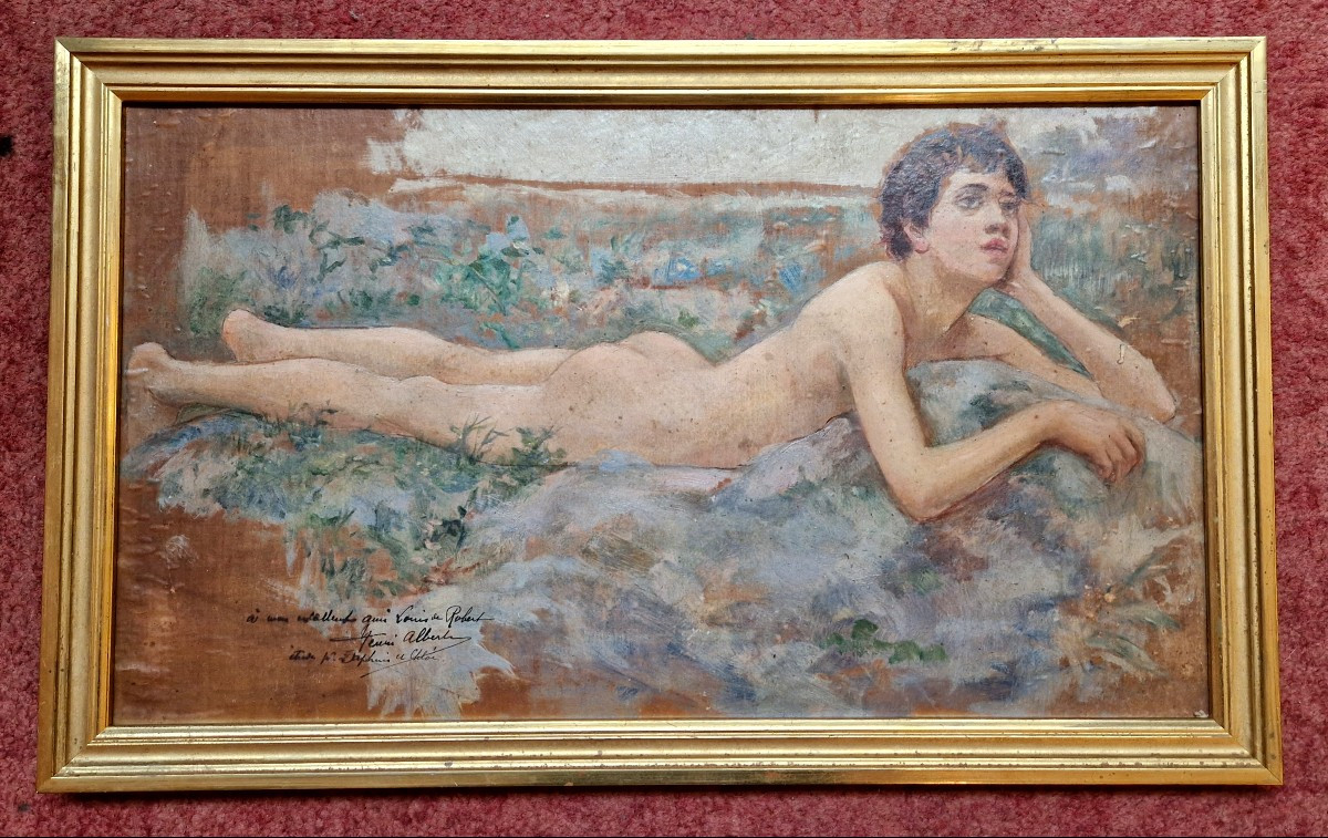 Henri Alberti 1868-1935 Jeune homme rêvant Huile sur papier collée sur chromolithographie