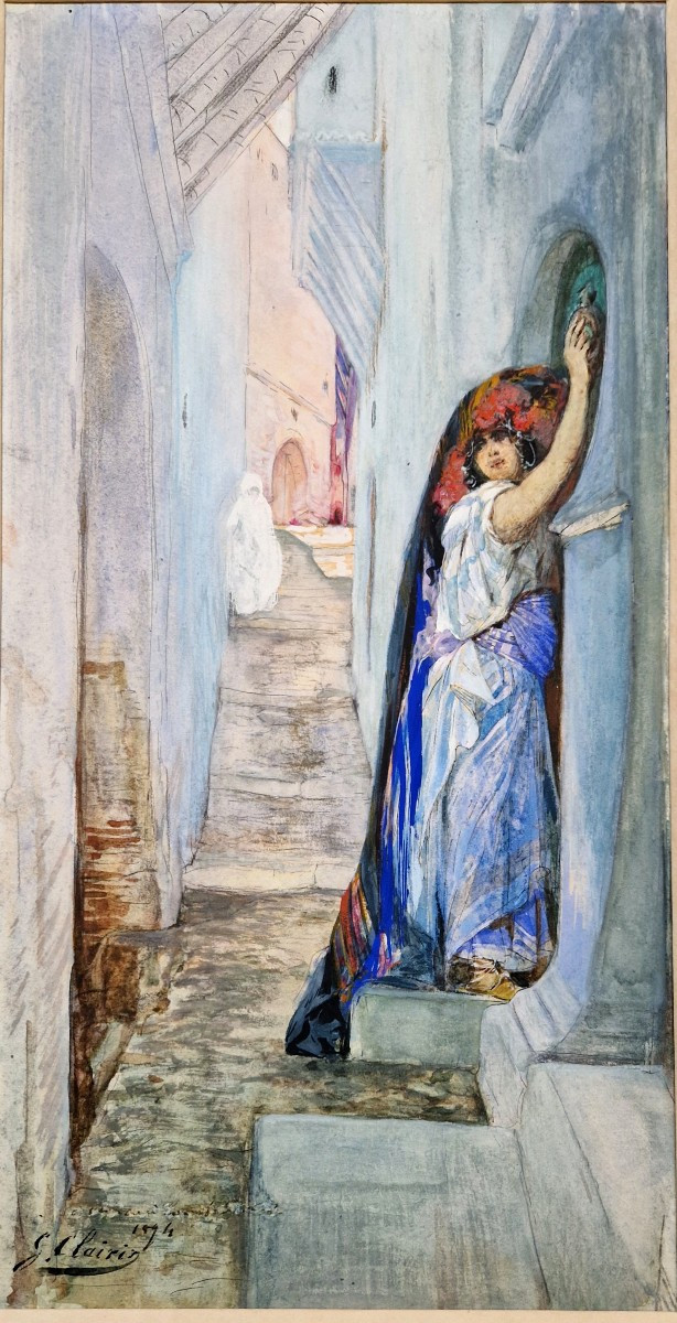 Georges Clairin 1843-1919 Femme ouled naïl sur le pas de sa porte Aquarelle
