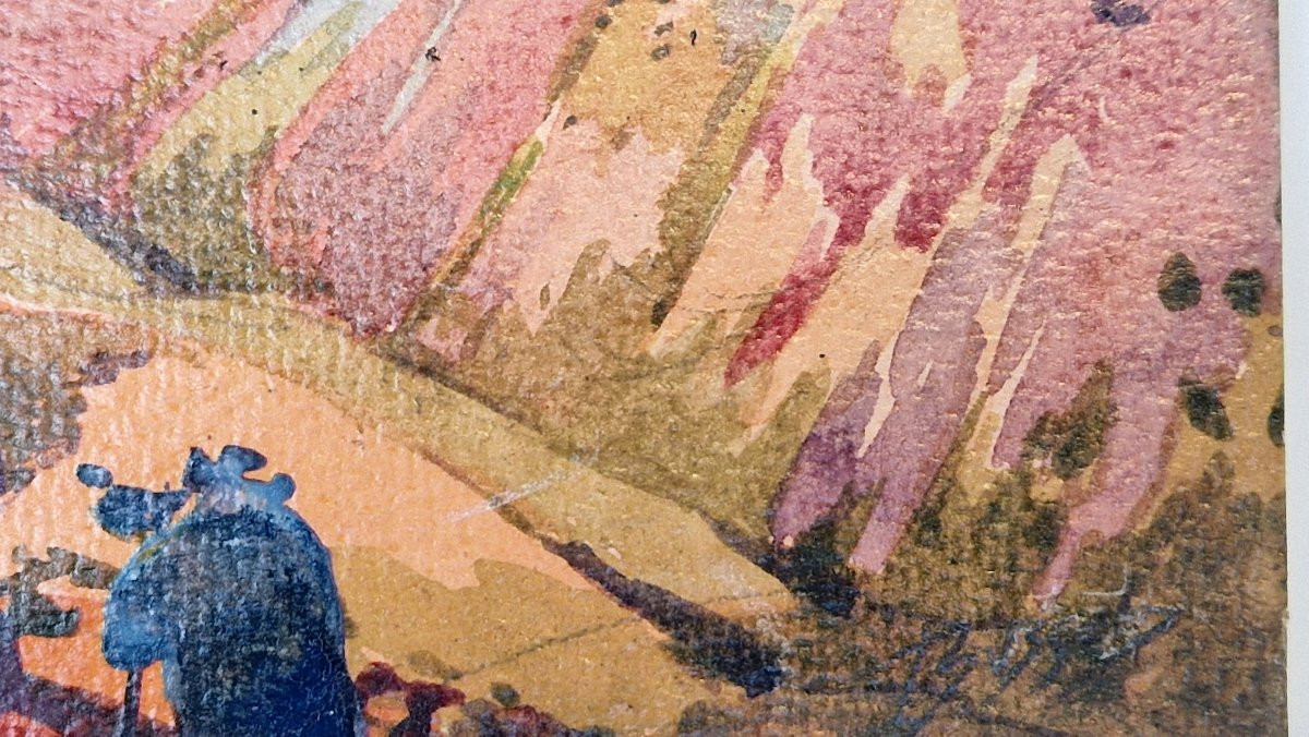 Maurice Busset 1879-1936 Landscape Of Auvergne Glazed Gouache-photo-3