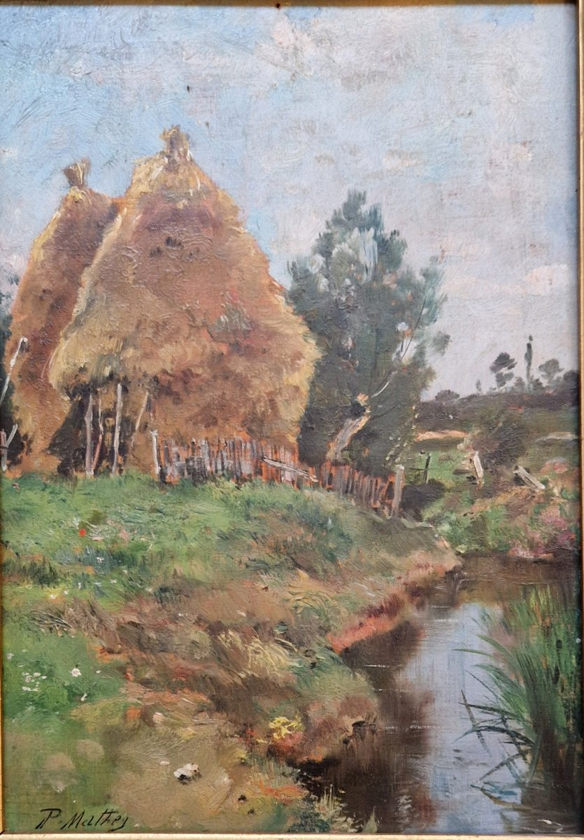 Paul Mathey 1844-1929 Haystacks By The River Oil On Panel-photo-2
