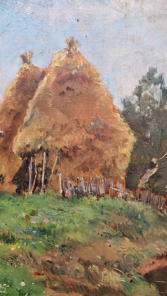 Paul Mathey 1844-1929 Haystacks By The River Oil On Panel-photo-4