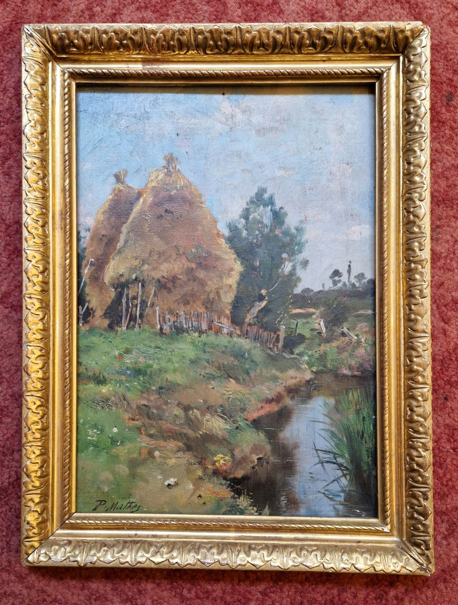 Paul Mathey 1844-1929 Haystacks By The River Oil On Panel