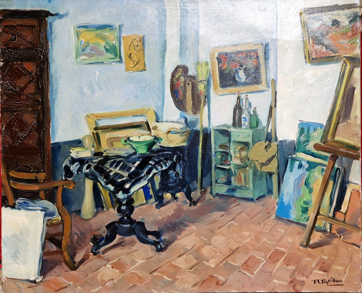 Roger Grillon 1881-1938 The Artist's Studio Oil On Canvas-photo-2