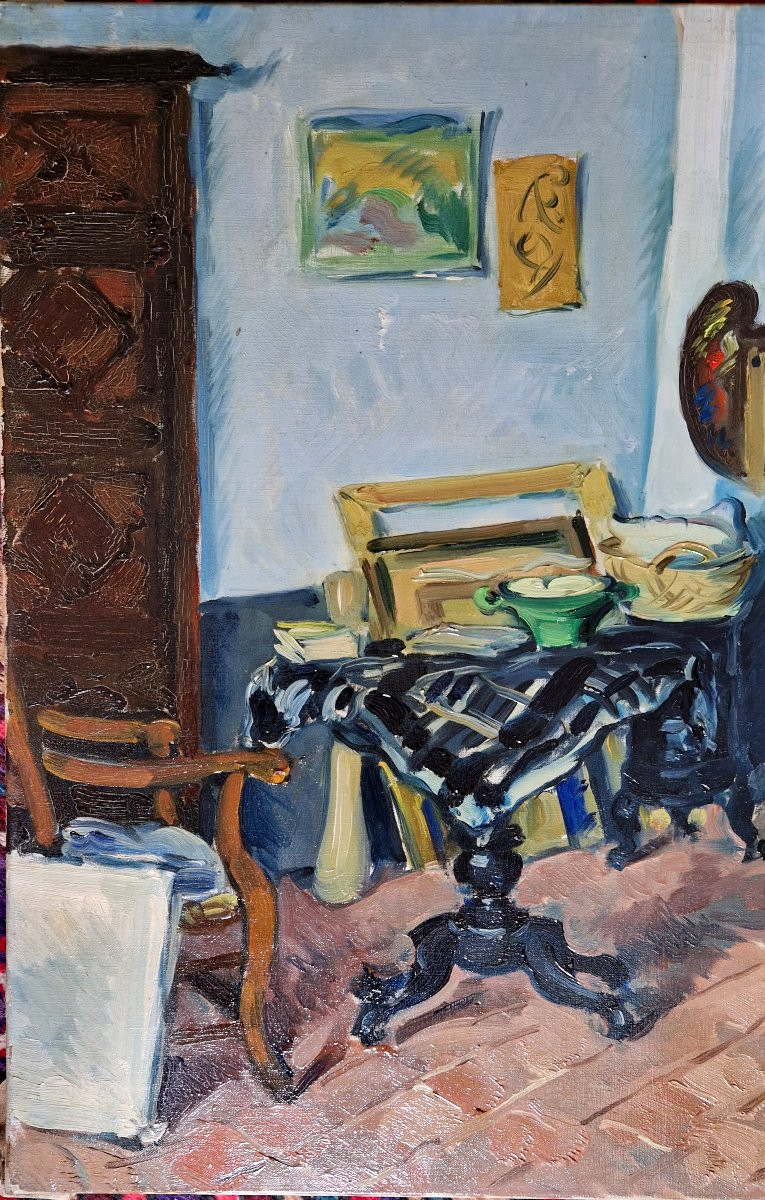 Roger Grillon 1881-1938 The Artist's Studio Oil On Canvas-photo-3