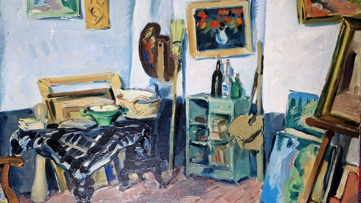 Roger Grillon 1881-1938 The Artist's Studio Oil On Canvas-photo-1