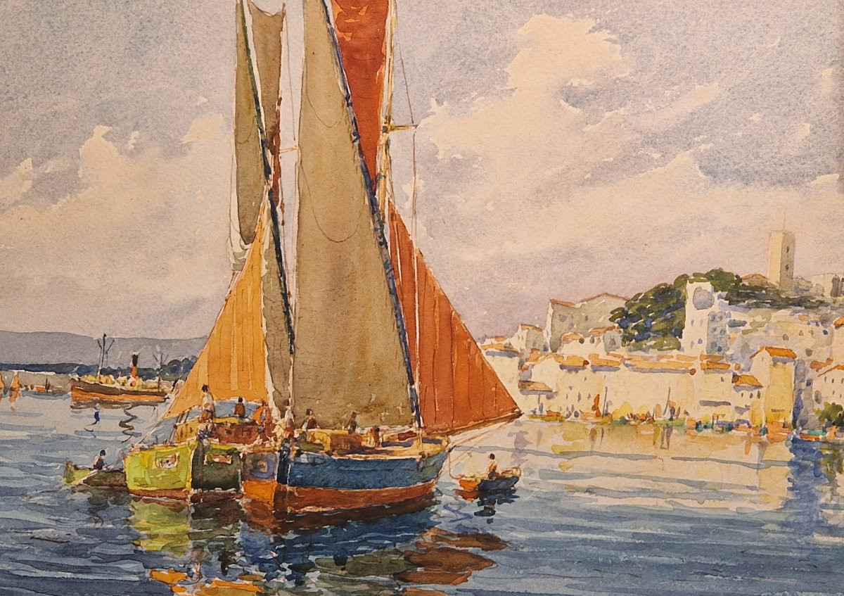 Louis Germain 1897-1952 Sailboats Off Cannes Watercolor-photo-2