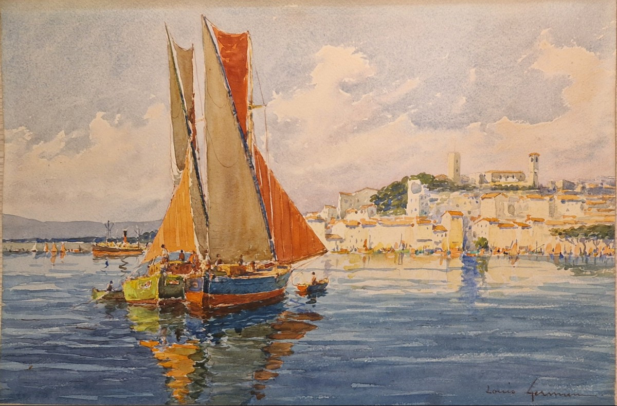 Louis Germain 1897-1952 Sailboats Off Cannes Watercolor
