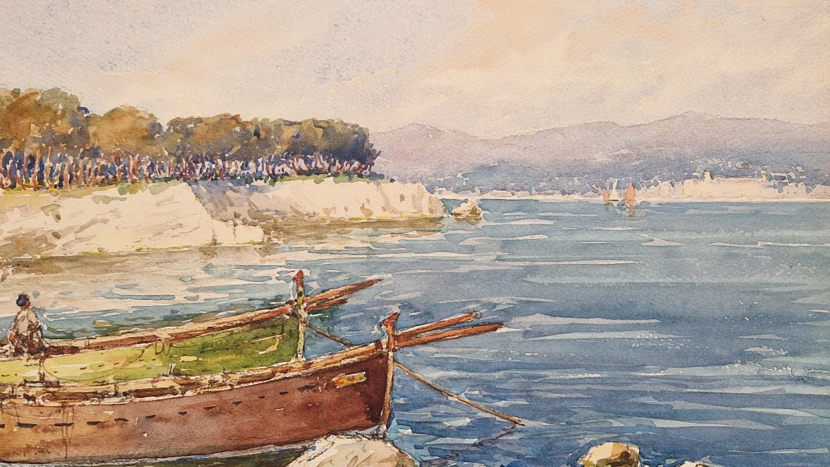 Louis German 1863-1946 The Bay Of Cannes From The Lérins Islands Watercolor-photo-3