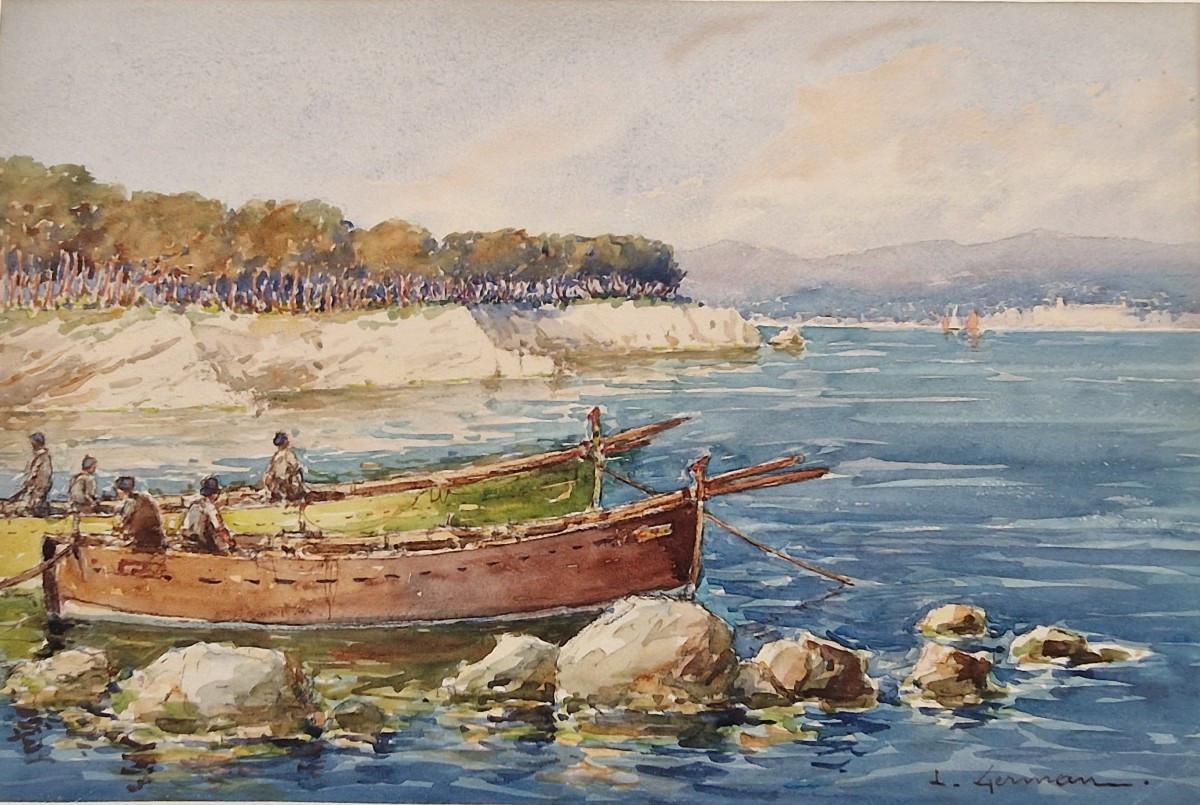 Louis German 1863-1946 The Bay Of Cannes From The Lérins Islands Watercolor