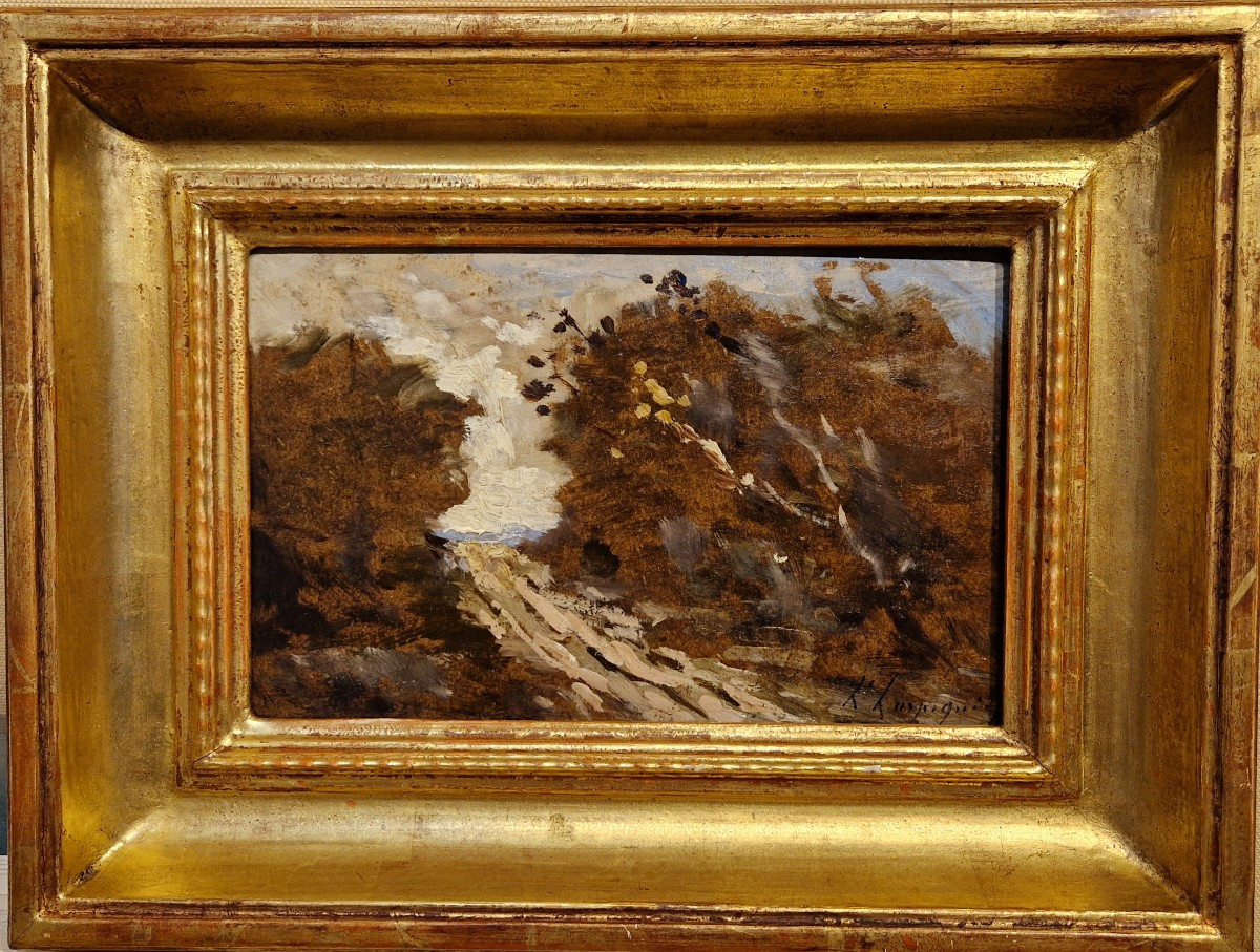 Henri Harpignies 1819-1916 Chemin dans les bois Huile sur carton