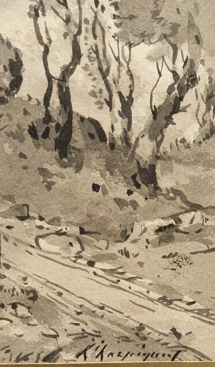 Henri Harpignies 1819-1916 Wooded Path Grey Wash Drawing-photo-2