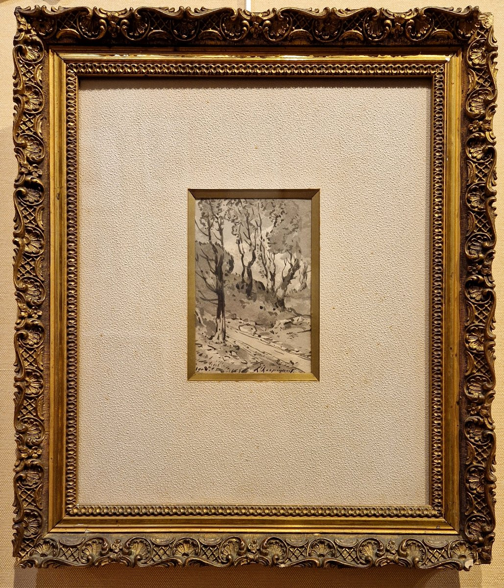 Henri Harpignies 1819-1916 Wooded Path Grey Wash Drawing-photo-3
