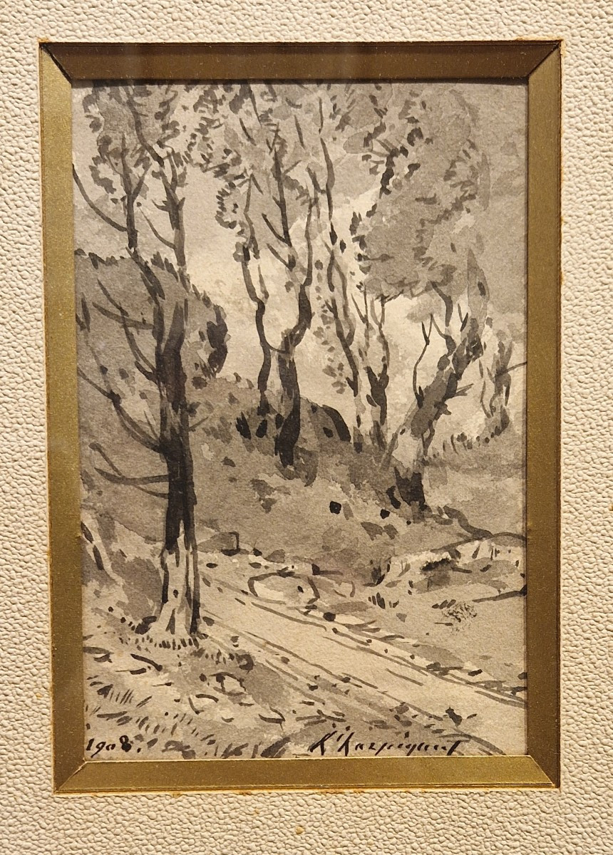 Henri Harpignies 1819-1916 Wooded Path Grey Wash Drawing