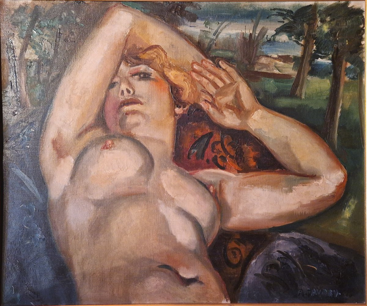 André Favory 1888-1937 Grand nu allongé Huile sur toile-photo-2
