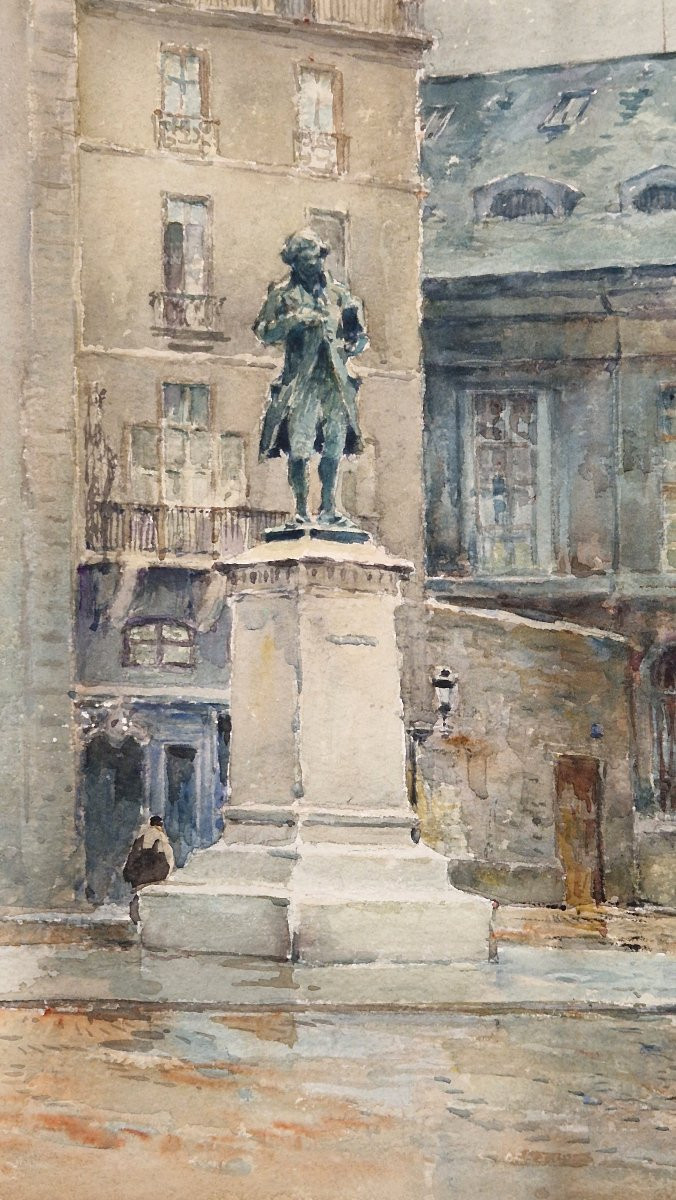 René Leverd 1872-1938  La statue de Condorcet Quai Conti à Paris Aquarelle-photo-2