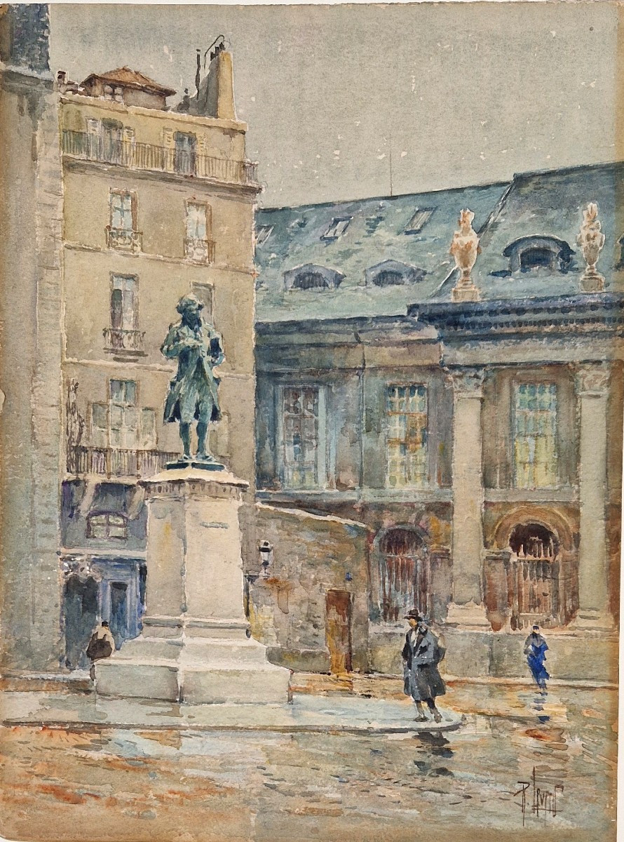 René Leverd 1872-1938  La statue de Condorcet Quai Conti à Paris Aquarelle