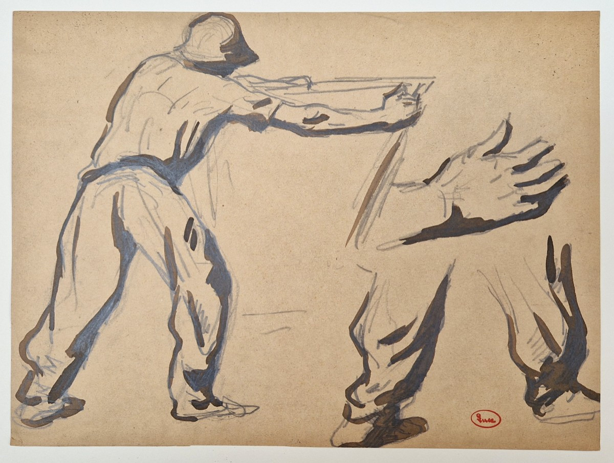 Maximilien Luce 1858-1941 Worker, Resuming Hand And Leg Exercises Black Pencil And Ink 
