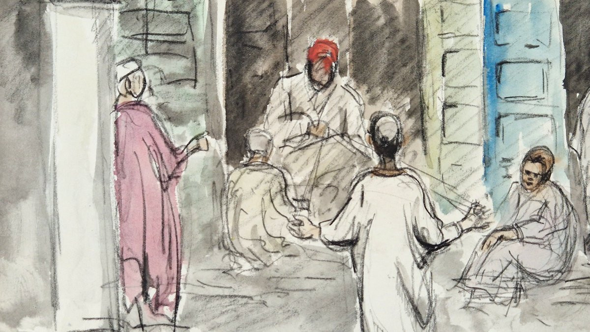 Albert Lepreux 1868-1959 Scène de rue à Rabat Aquarelle-photo-2