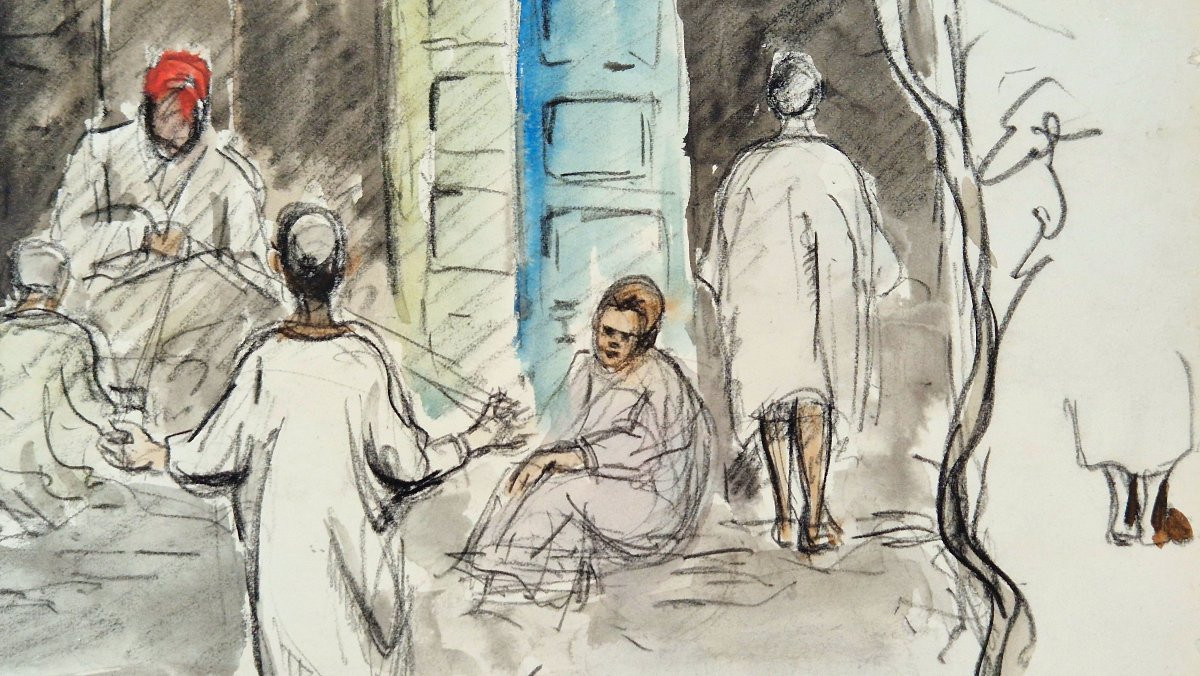 Albert Lepreux 1868-1959 Scène de rue à Rabat Aquarelle-photo-3