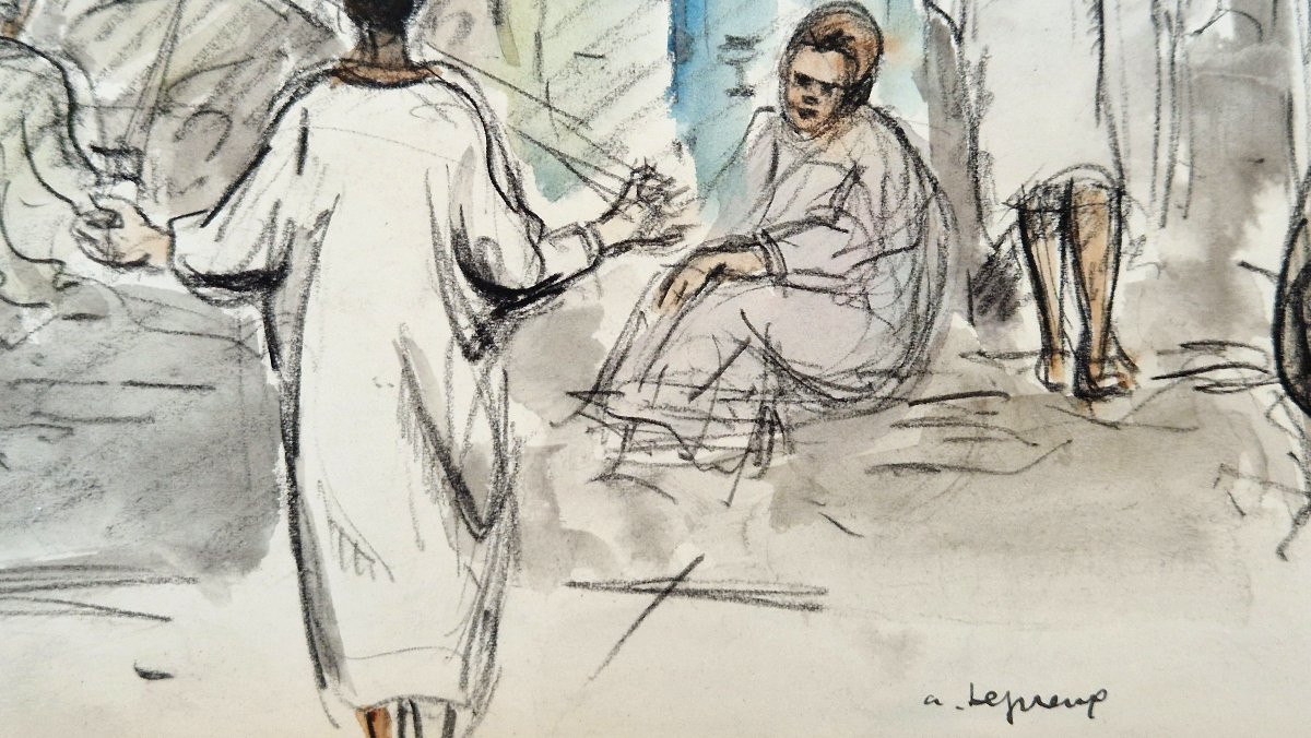 Albert Lepreux 1868-1959 Scène de rue à Rabat Aquarelle-photo-4