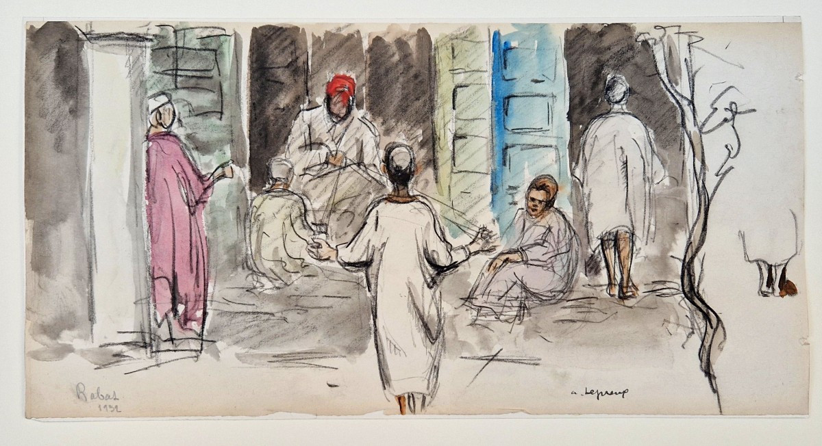 Albert Lepreux 1868-1959 Scène de rue à Rabat Aquarelle