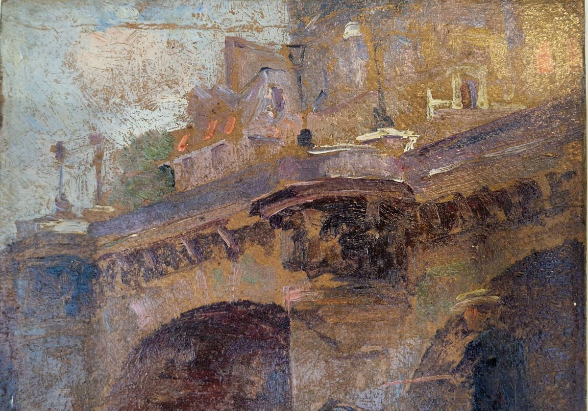 Paul De Frick 1864-1936 Fisherman At The Pont Neuf In Paris Oil On Cardboard-photo-2