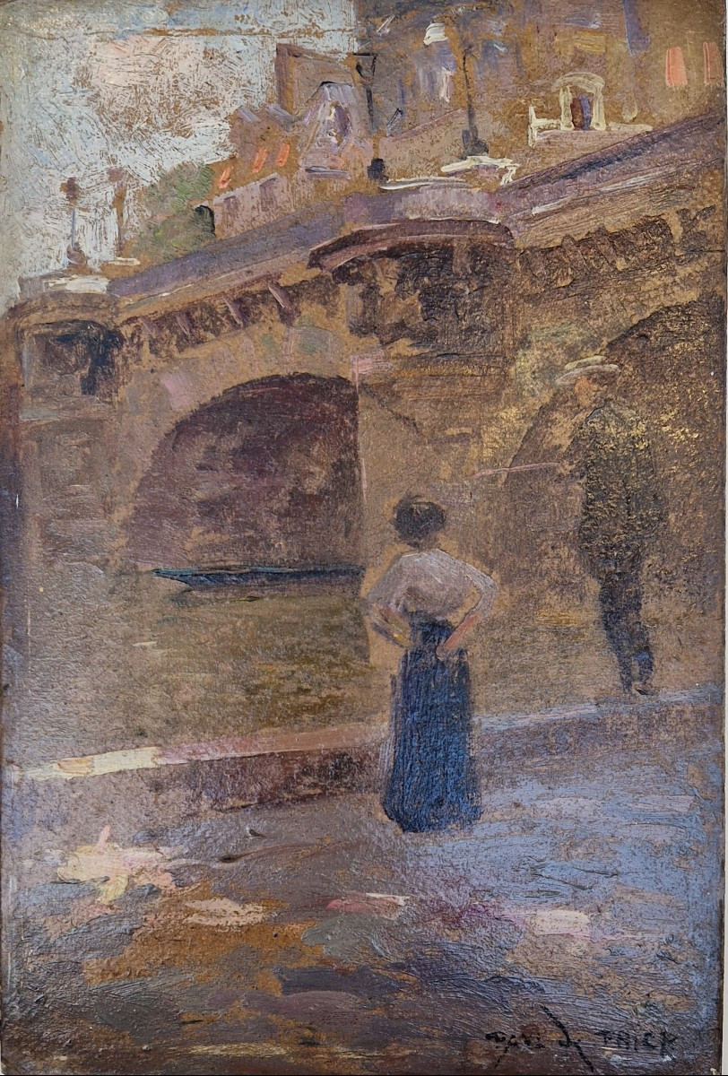 Paul De Frick 1864-1936 Fisherman At The Pont Neuf In Paris Oil On Cardboard