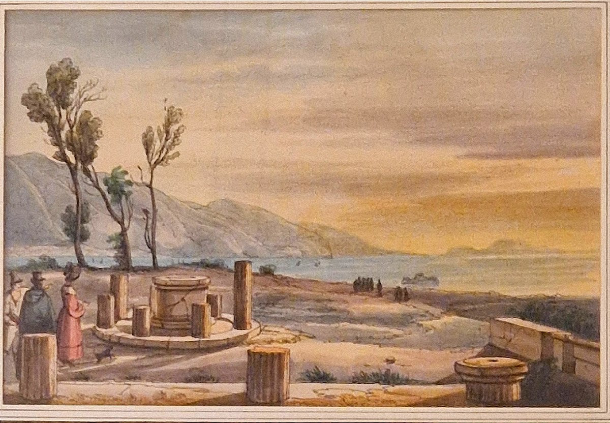 Achille Vianelli 1803-1894 Forum à Pompéï Aquarelle sur fond gravé -photo-2