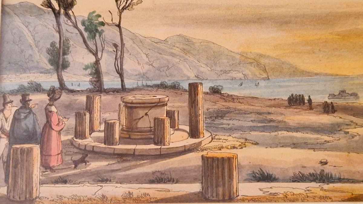 Achille Vianelli 1803-1894 Forum à Pompéï Aquarelle sur fond gravé -photo-3