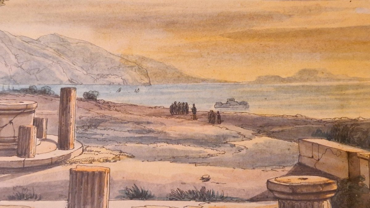 Achille Vianelli 1803-1894 Forum à Pompéï Aquarelle sur fond gravé -photo-4